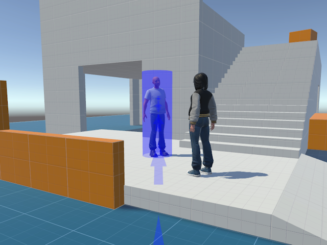 A user selects a target group using a curved teleport steam and tall reticle.